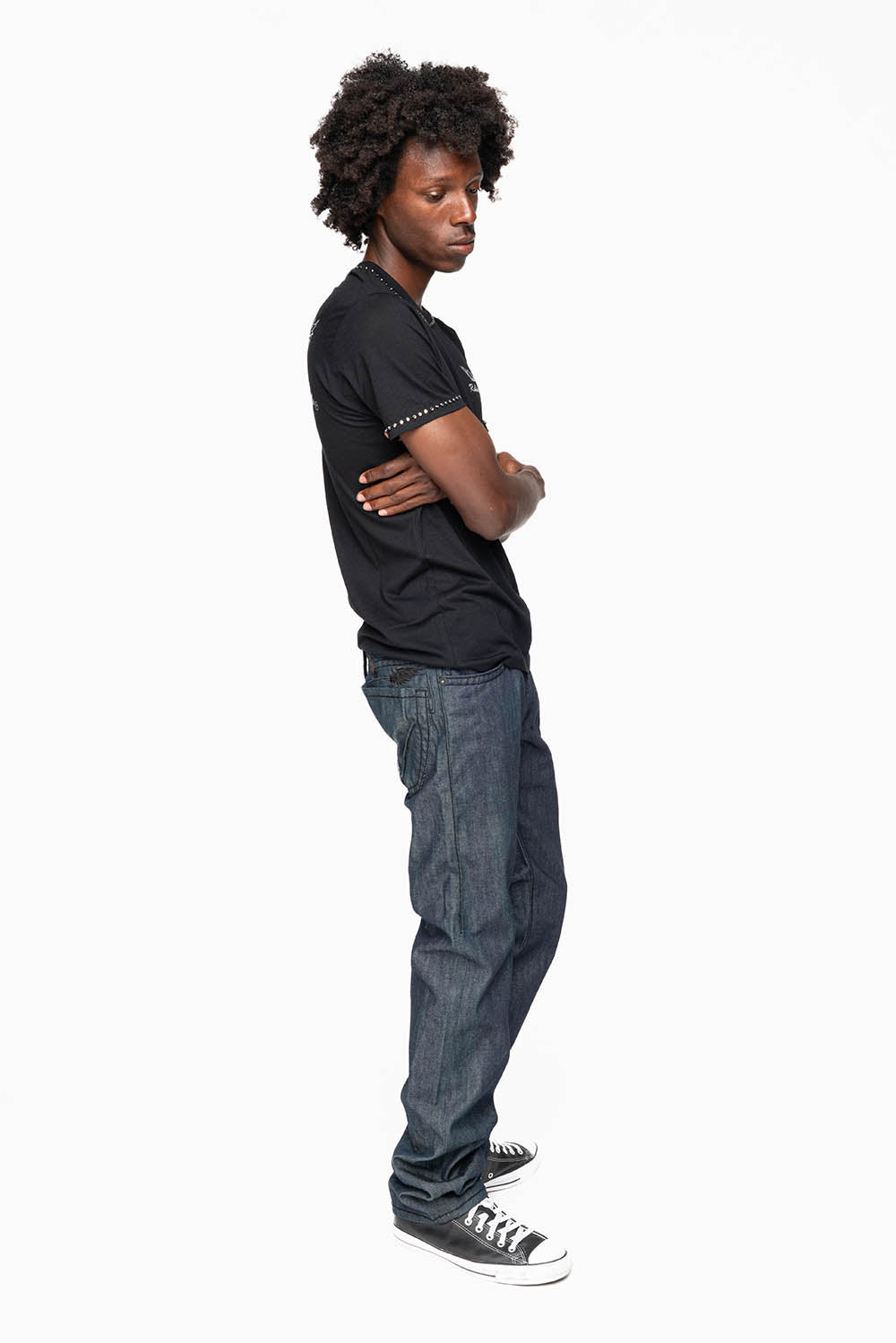 ROBIN’S BLACK SADDLE 5 POCKET STRAIGHT LEG JEANS IN RAW DENIM  HEAVY BLACK STITCHING