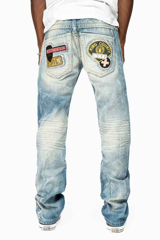 CLASSIC 5 POCKET STRAIGHT LEG JEANS LIMITED EDITION IN AQUARAMA WASH WITH PATCH