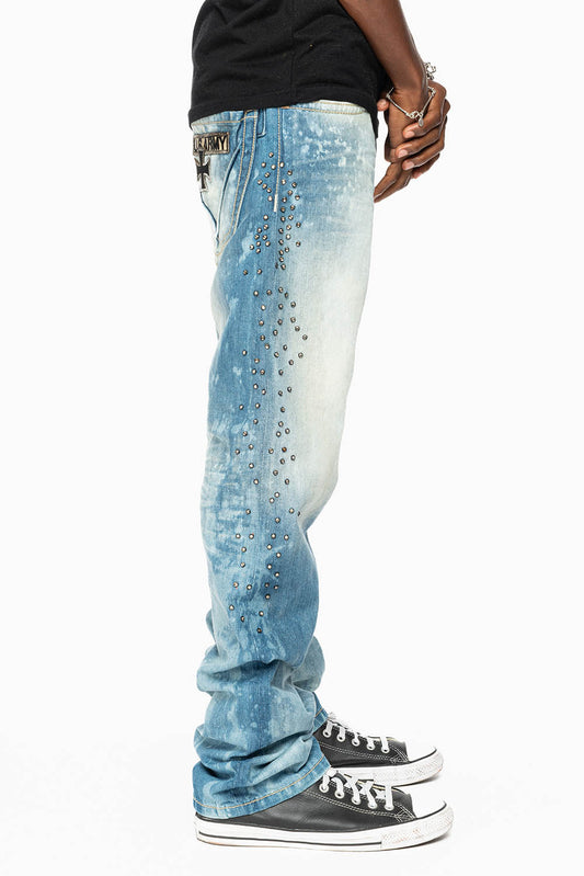STRAIGHT CUT JEANS IN AQUARAMA WASH EMBELLISHED WITH CRYSTALS AND PATCHES