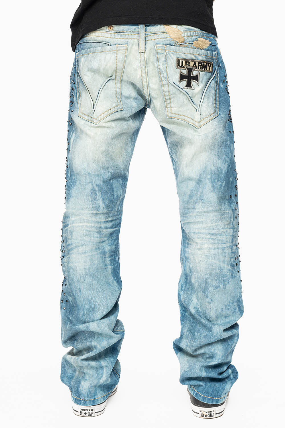 STRAIGHT CUT JEANS IN AQUARAMA WASH EMBELLISHED WITH CRYSTALS AND PATCHES