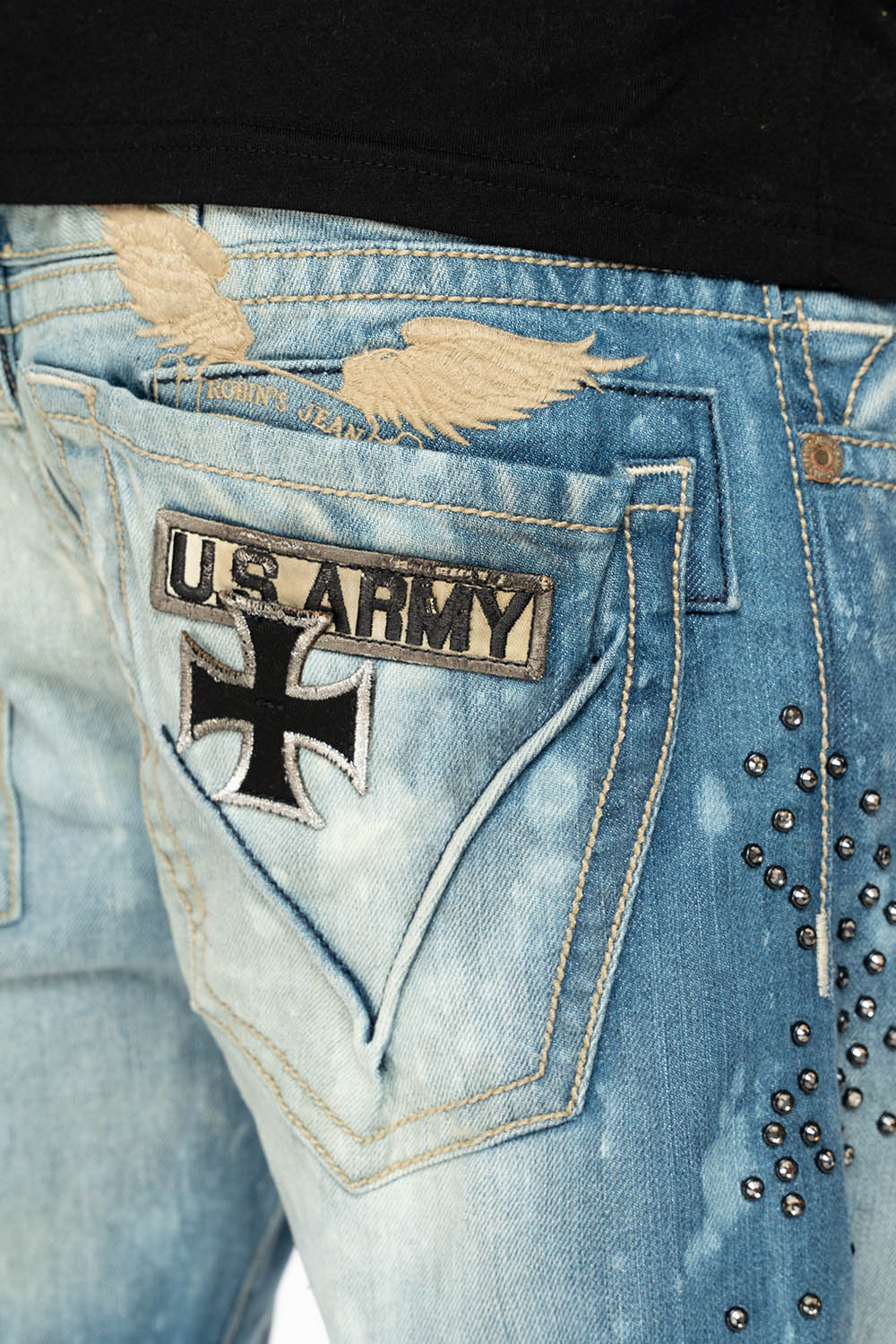 STRAIGHT CUT JEANS IN AQUARAMA WASH EMBELLISHED WITH CRYSTALS AND PATCHES
