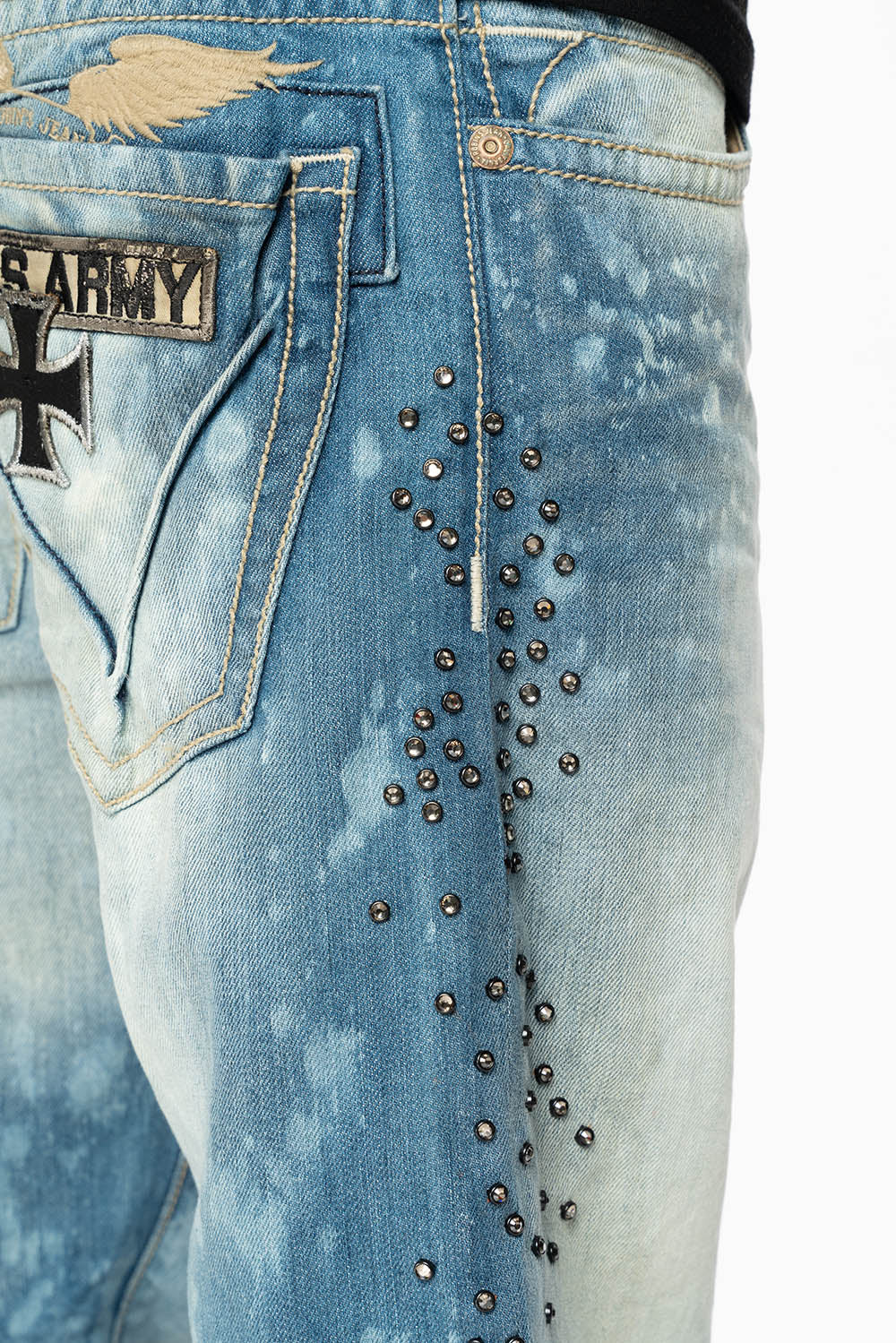 STRAIGHT CUT JEANS IN AQUARAMA WASH EMBELLISHED WITH CRYSTALS AND PATCHES