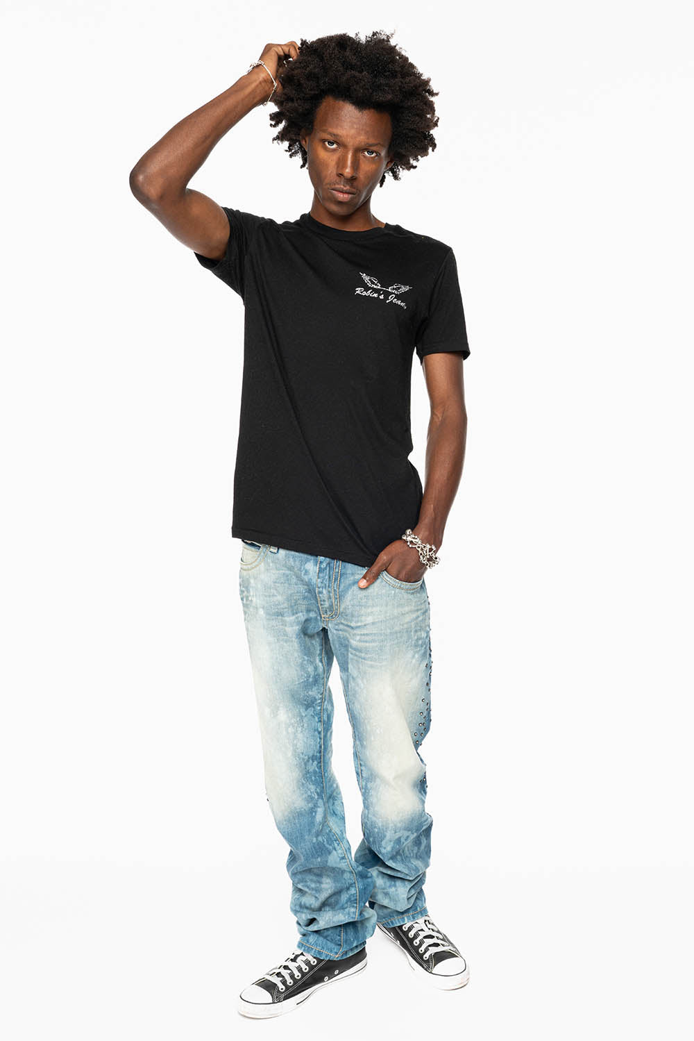 STRAIGHT CUT JEANS IN AQUARAMA WASH EMBELLISHED WITH CRYSTALS AND PATCHES