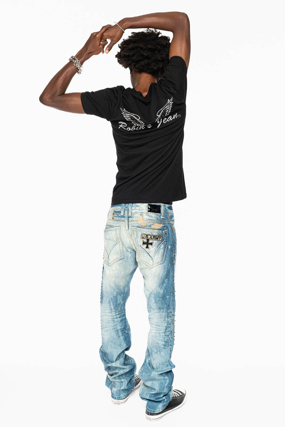 STRAIGHT CUT JEANS IN AQUARAMA WASH EMBELLISHED WITH CRYSTALS AND PATCHES