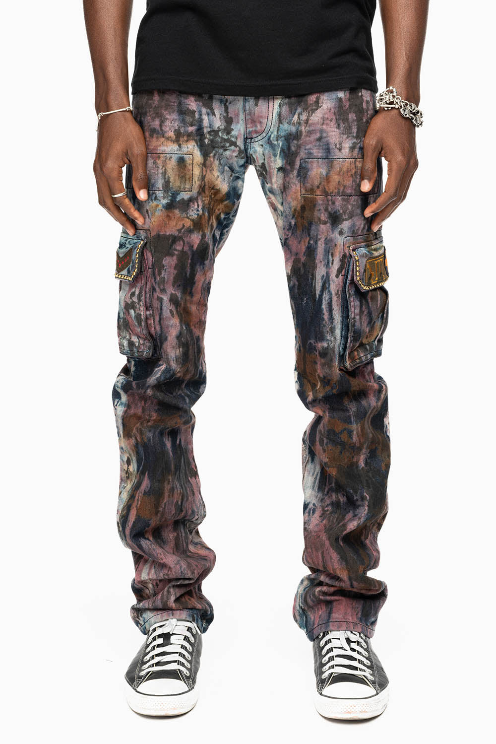 MENS MILITARY JEAN IN BABA RED WASH WITH PATCHES AND AURUM GOLD CRYSTALS