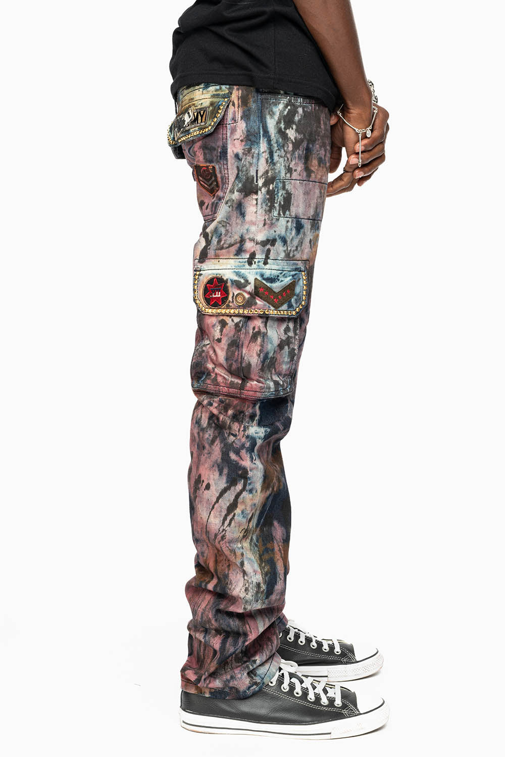 MENS MILITARY JEAN IN BABA RED WASH WITH PATCHES AND AURUM GOLD CRYSTALS