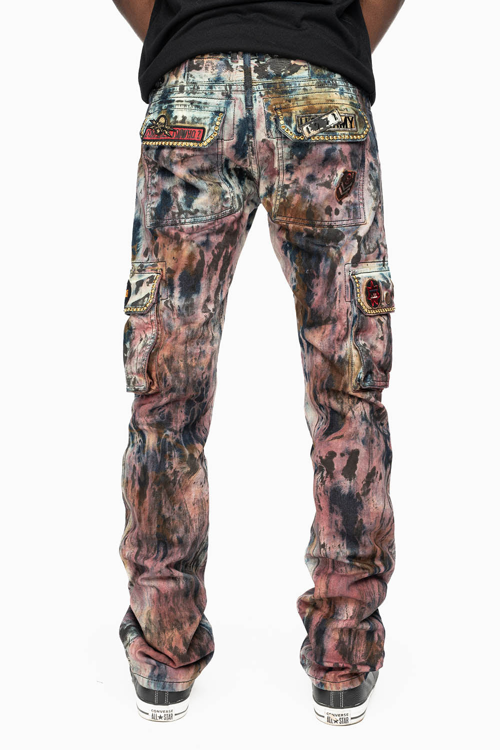 MENS MILITARY JEAN IN BABA RED WASH WITH PATCHES AND AURUM GOLD CRYSTALS