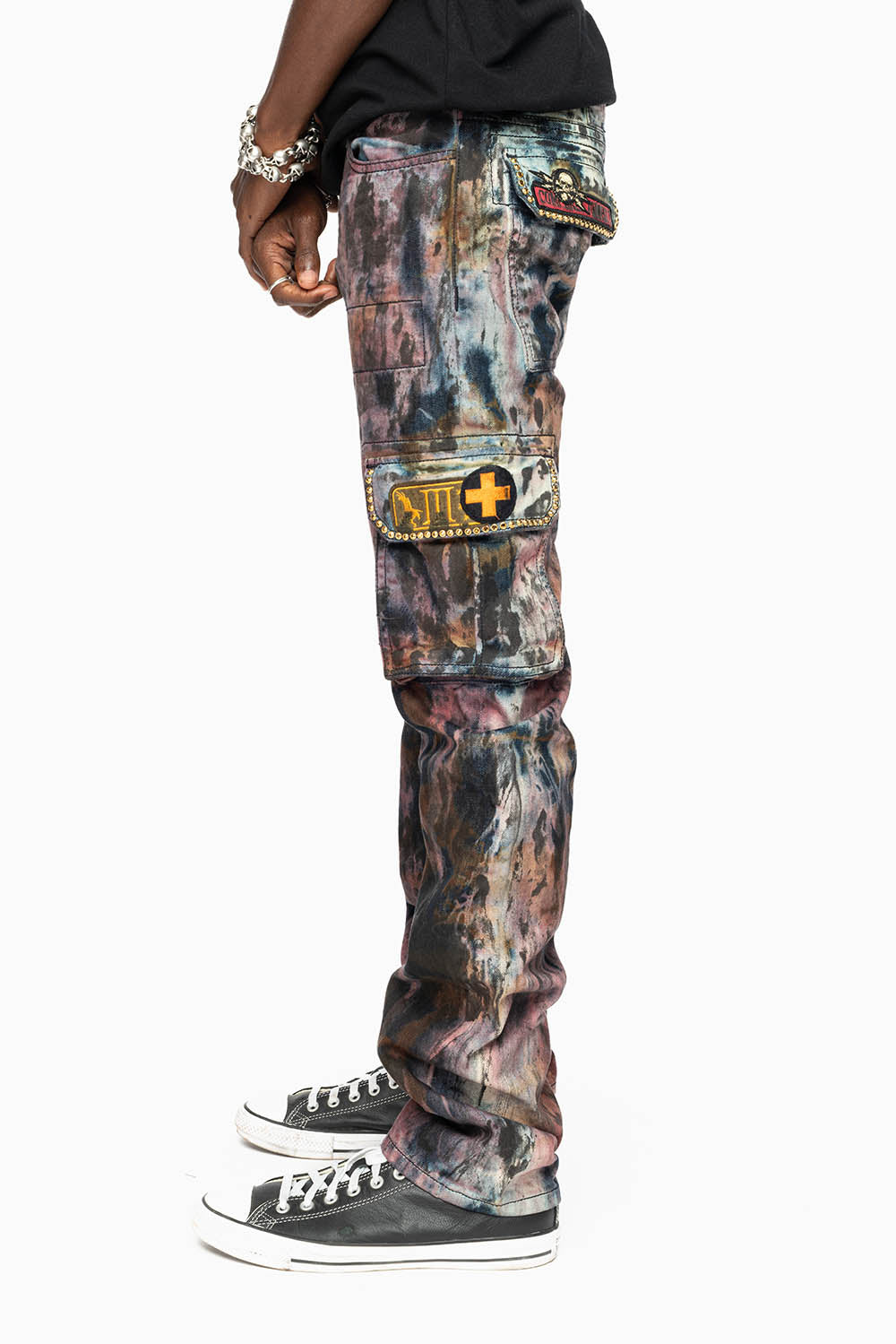 MENS MILITARY JEAN IN BABA RED WASH WITH PATCHES AND AURUM GOLD CRYSTALS