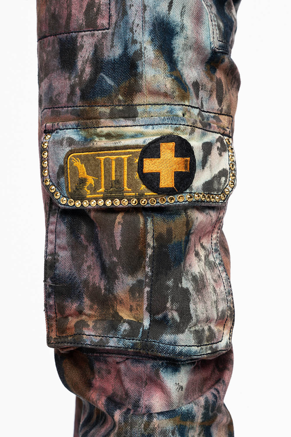 MENS MILITARY JEAN IN BABA RED WASH WITH PATCHES AND AURUM GOLD CRYSTALS