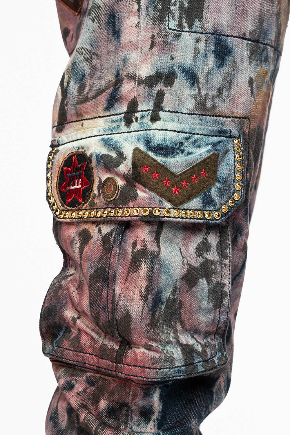MENS MILITARY JEAN IN BABA RED WASH WITH PATCHES AND AURUM GOLD CRYSTALS
