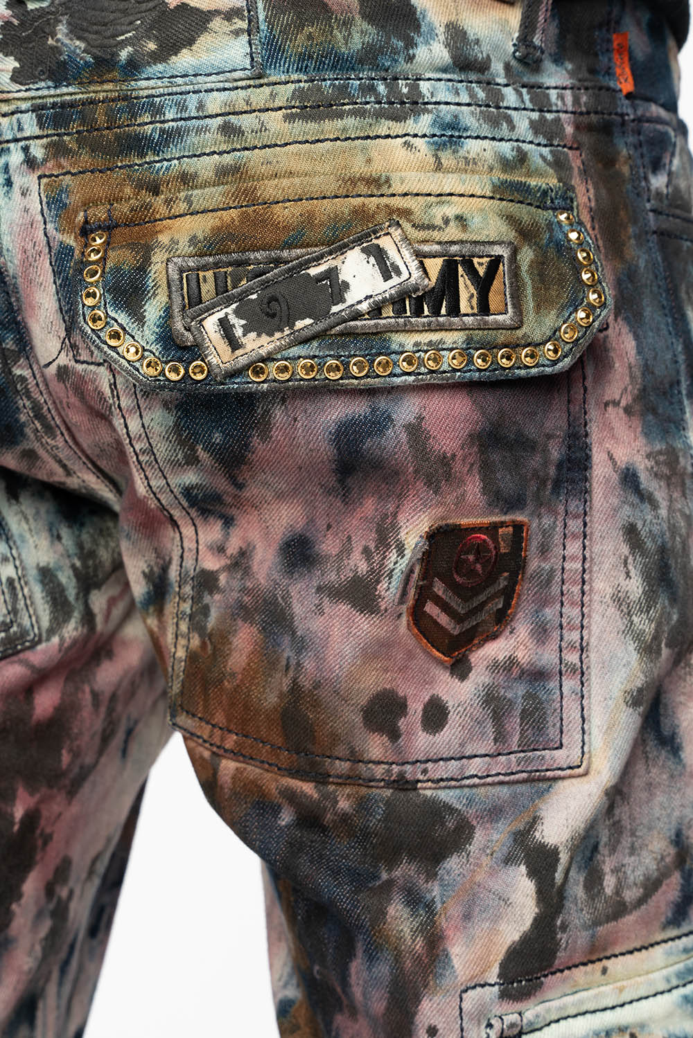 MENS MILITARY JEAN IN BABA RED WASH WITH PATCHES AND AURUM GOLD CRYSTALS