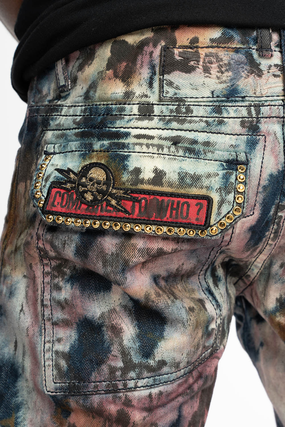 MENS MILITARY JEAN IN BABA RED WASH WITH PATCHES AND AURUM GOLD CRYSTALS