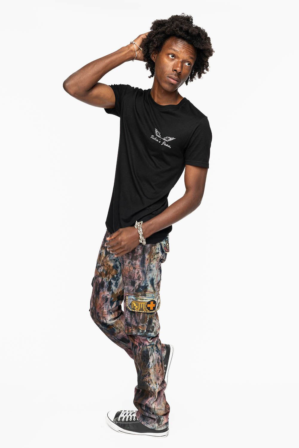 MENS MILITARY JEAN IN BABA RED WASH WITH PATCHES AND AURUM GOLD CRYSTALS