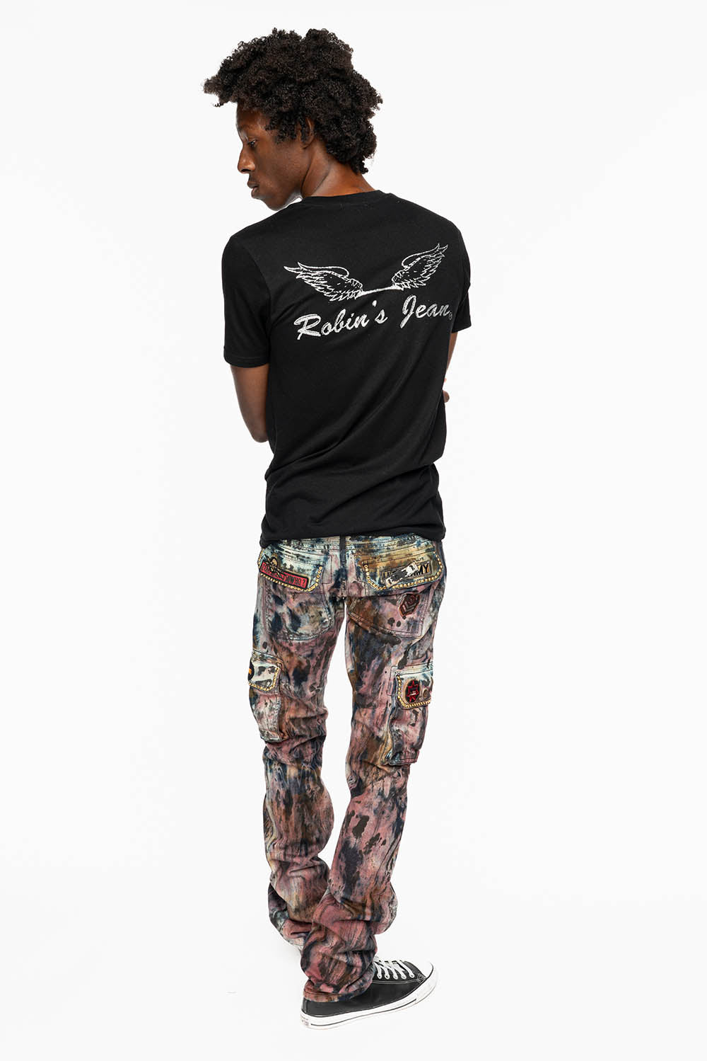 MENS MILITARY JEAN IN BABA RED WASH WITH PATCHES AND AURUM GOLD CRYSTALS