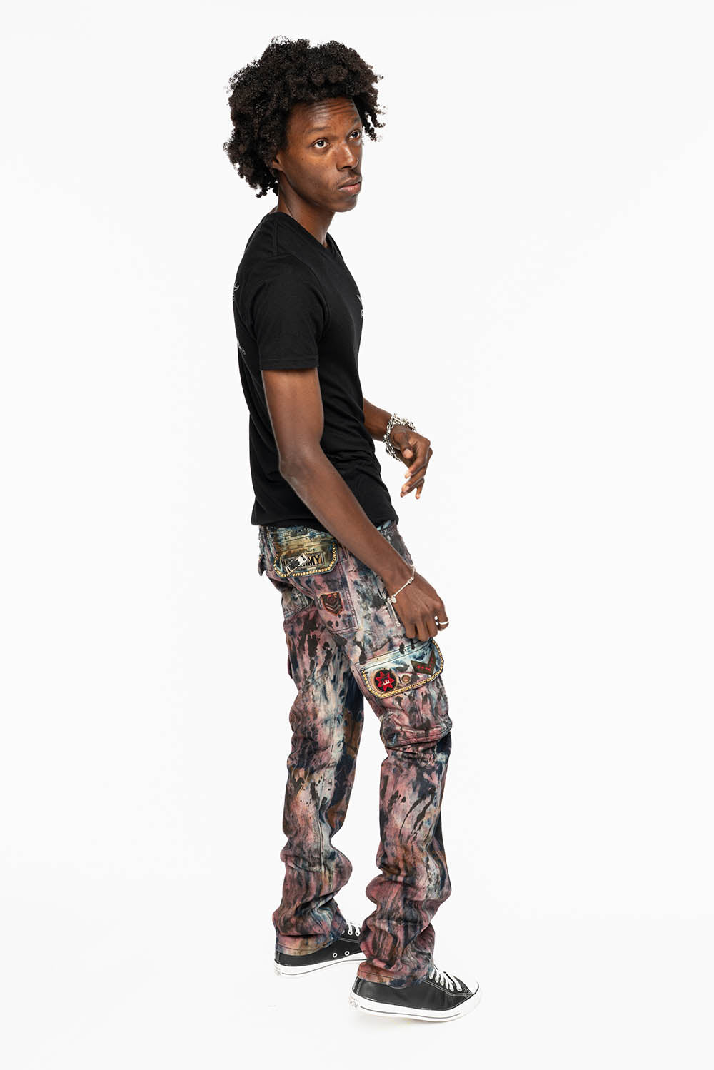 MENS MILITARY JEAN IN BABA RED WASH WITH PATCHES AND AURUM GOLD CRYSTALS