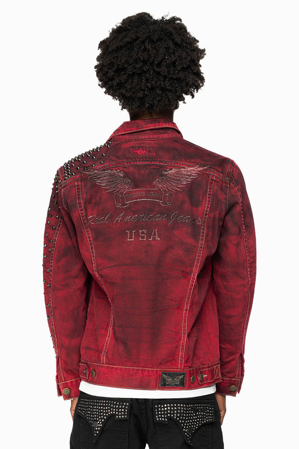 VINTAGE RED JEAN JACKET WITH LIGHT CONTRAST STITCH WITH SPIKES