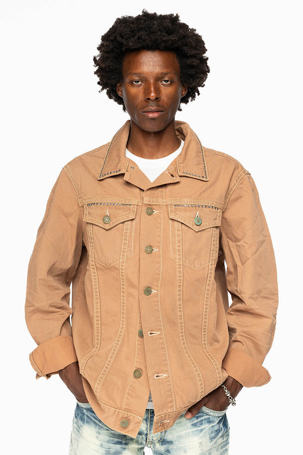 KHAKI JEAN JACKET EMBELISHED WITH  CRYSTALS