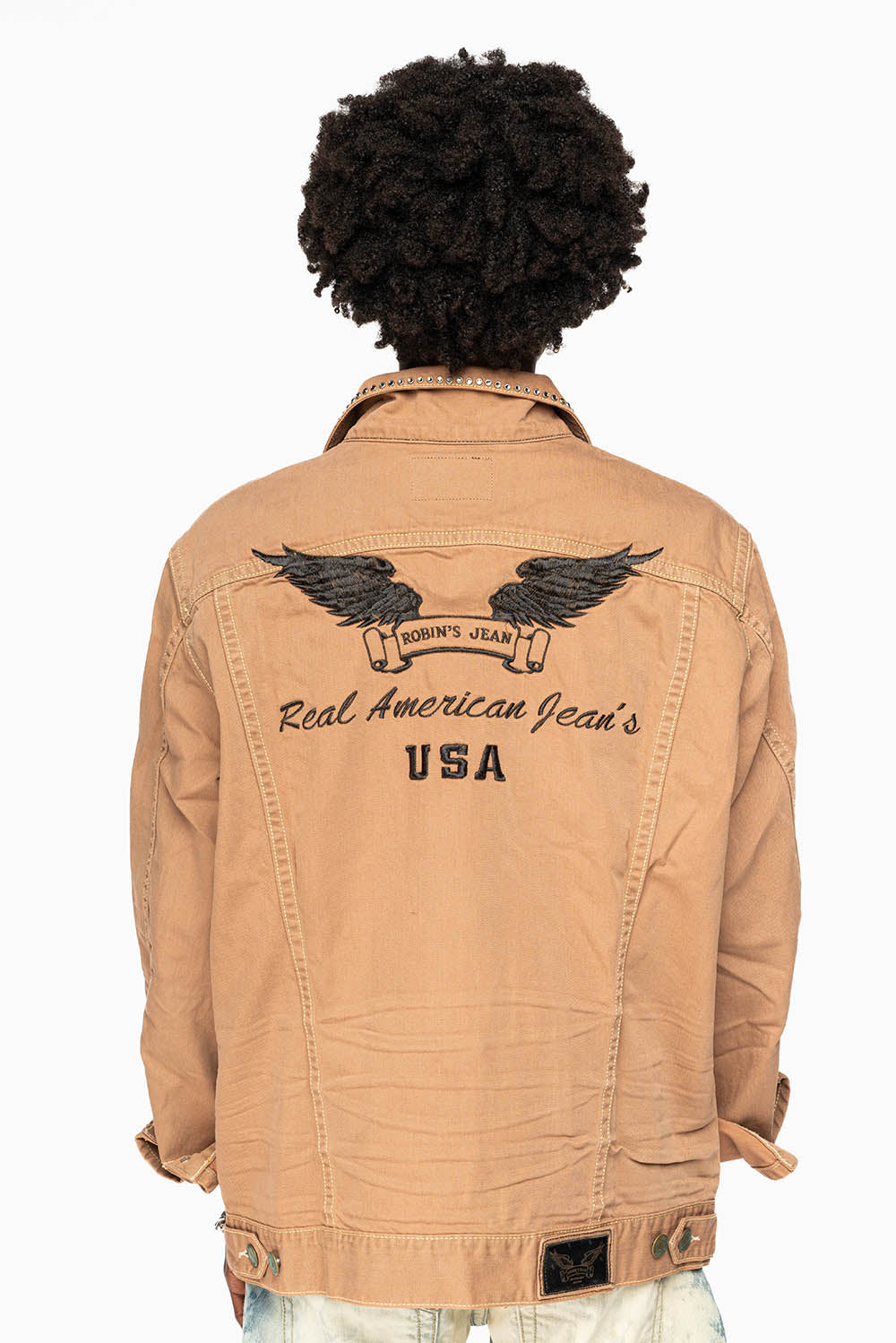 KHAKI JEAN JACKET EMBELISHED WITH  CRYSTALS