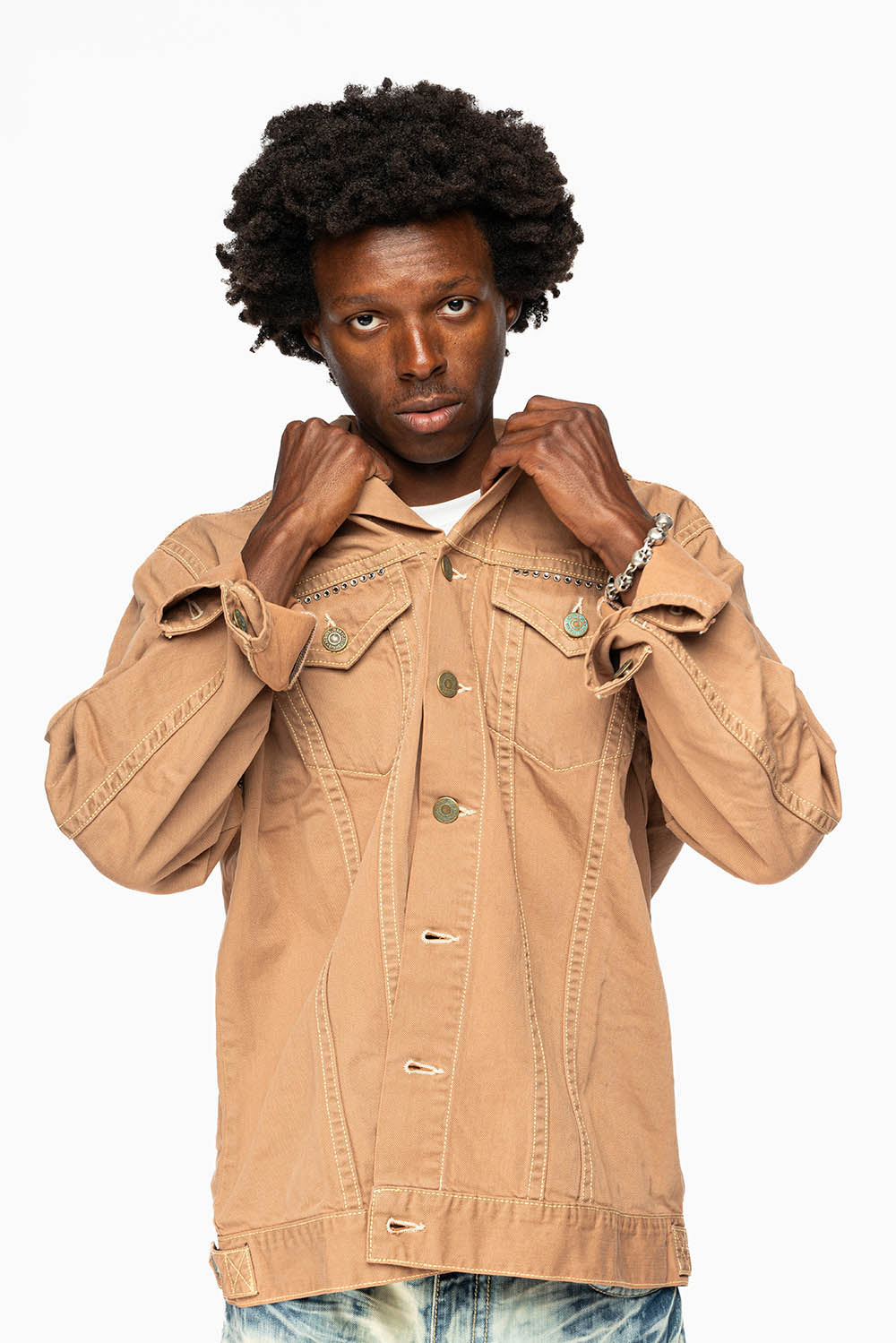 KHAKI JEAN JACKET EMBELISHED WITH  CRYSTALS