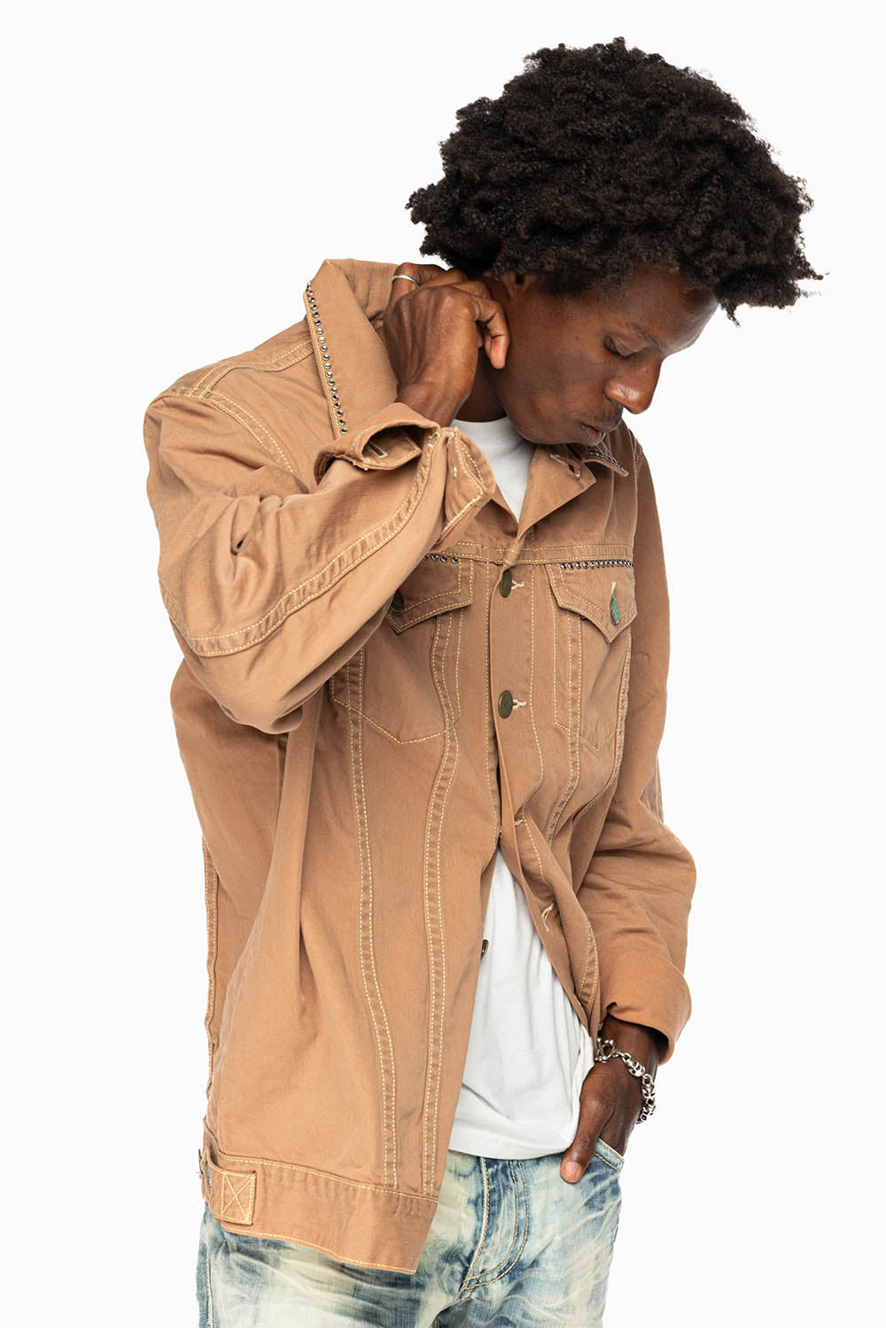KHAKI JEAN JACKET EMBELISHED WITH  CRYSTALS