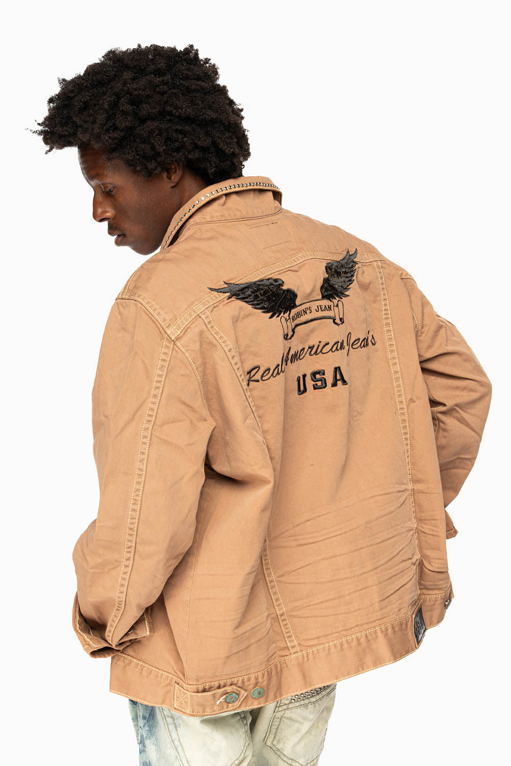KHAKI JEAN JACKET EMBELISHED WITH  CRYSTALS