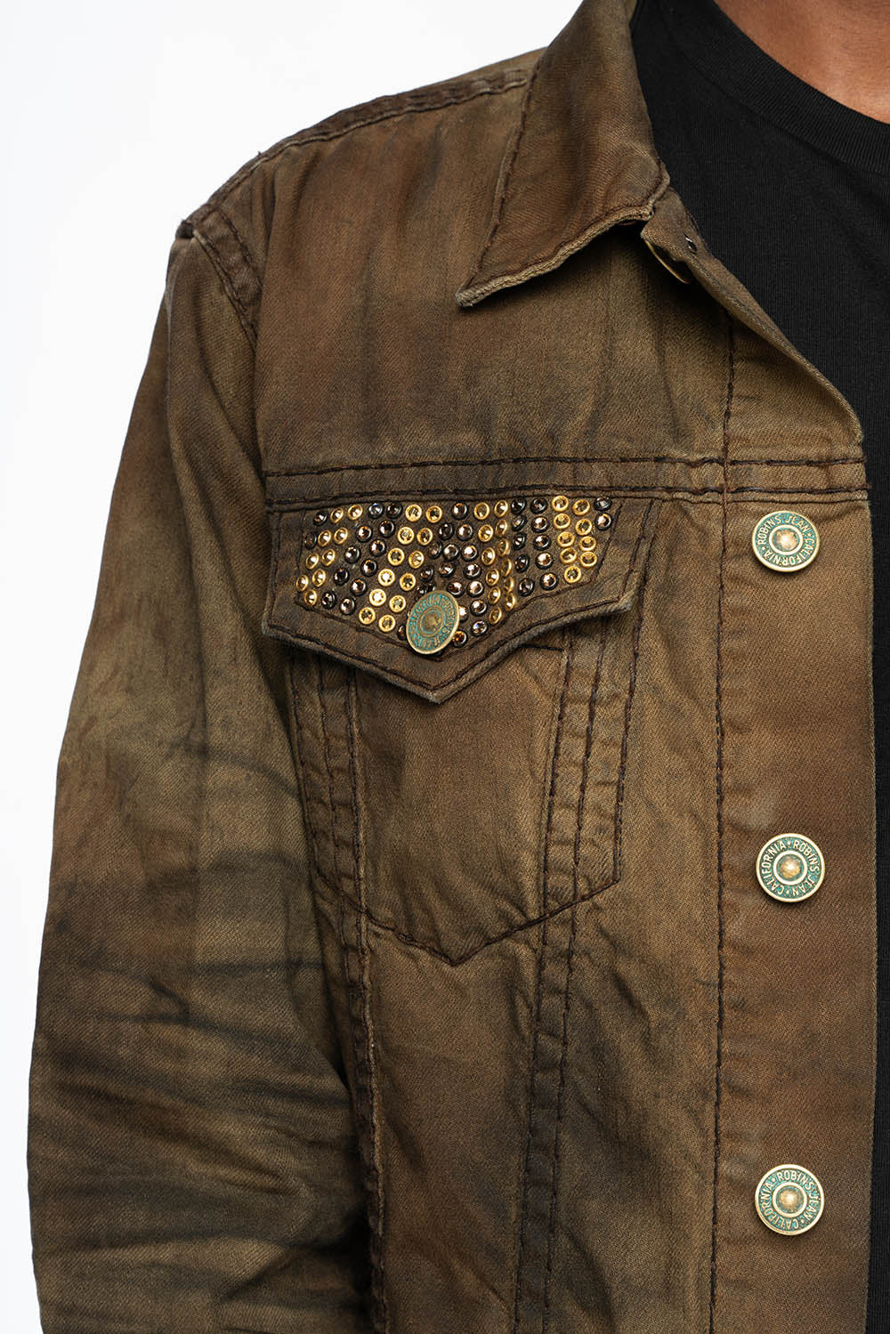 VINTAGE FASHION BROWN JEAN JKT WITH BROWN CONTRAST STICH WITH CRYSTALS