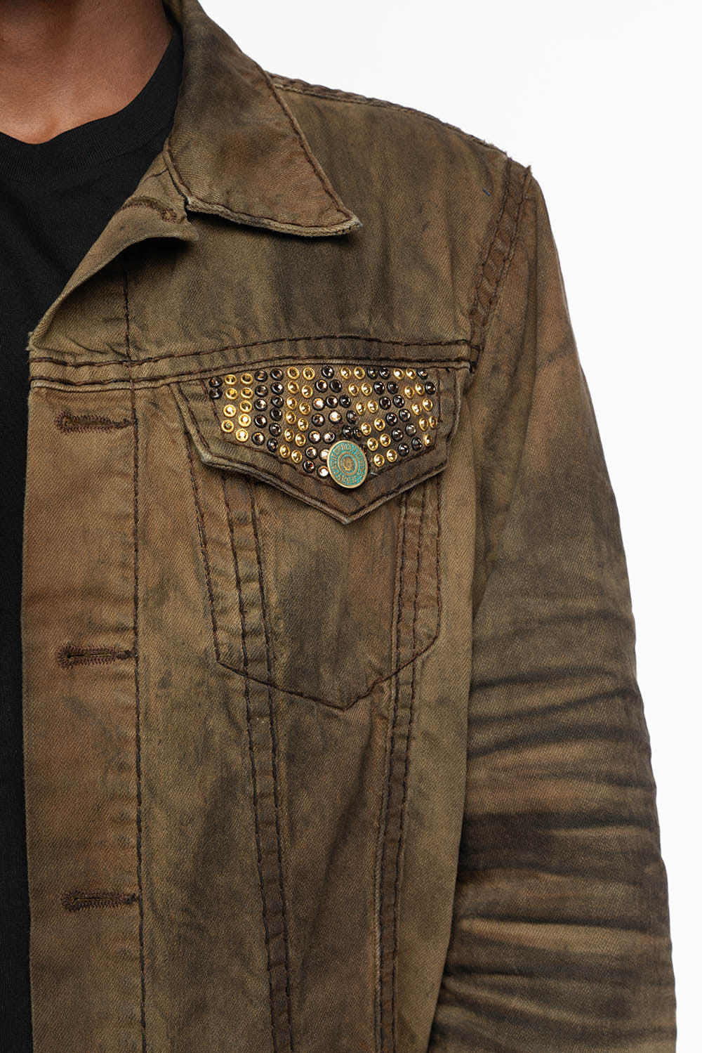 VINTAGE FASHION BROWN JEAN JKT WITH BROWN CONTRAST STICH WITH CRYSTALS