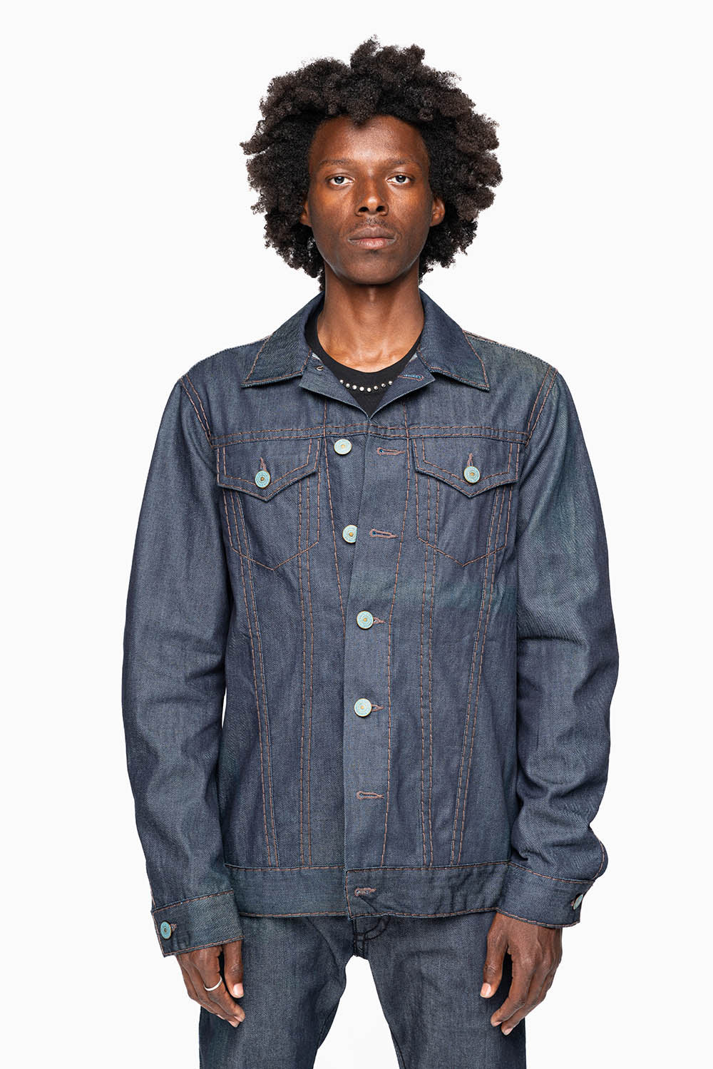 MEN’S CLASSIC RAW  DENIM  JEAN JKT WITH HEAVY BROWN CONTRAST STITCHING AND ROBIN’S WING LOGO EMBROIDERY