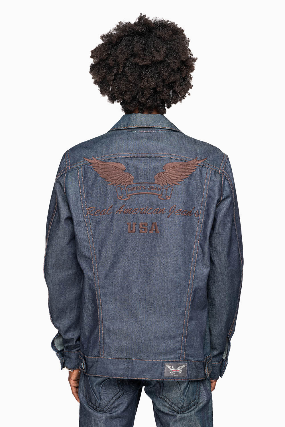 MEN’S CLASSIC RAW  DENIM  JEAN JKT WITH HEAVY BROWN CONTRAST STITCHING AND ROBIN’S WING LOGO EMBROIDERY