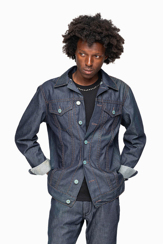 MEN’S CLASSIC RAW  DENIM  JEAN JKT WITH HEAVY BROWN CONTRAST STITCHING AND ROBIN’S WING LOGO EMBROIDERY