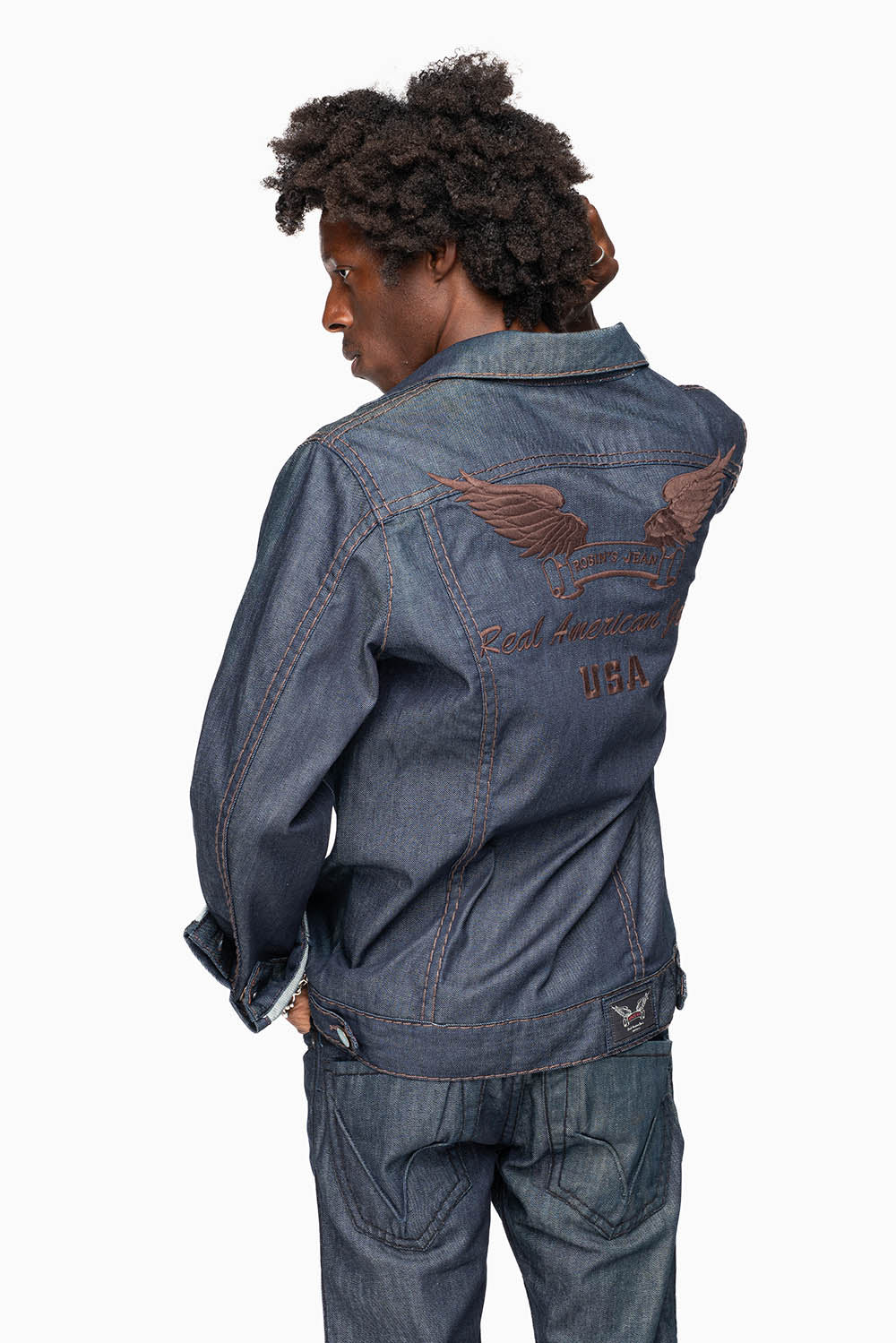 MEN’S CLASSIC RAW  DENIM  JEAN JKT WITH HEAVY BROWN CONTRAST STITCHING AND ROBIN’S WING LOGO EMBROIDERY