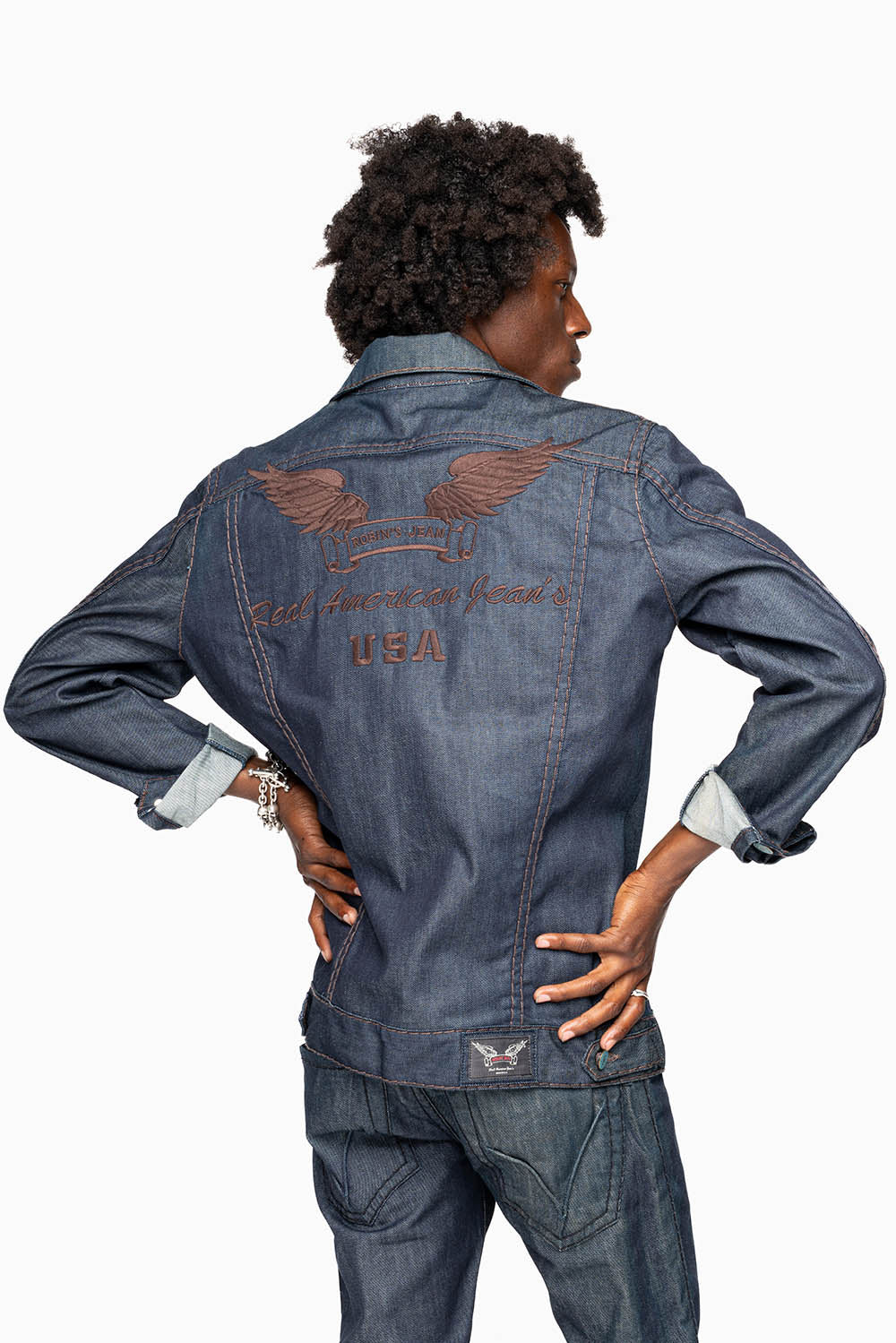MEN’S CLASSIC RAW  DENIM  JEAN JKT WITH HEAVY BROWN CONTRAST STITCHING AND ROBIN’S WING LOGO EMBROIDERY