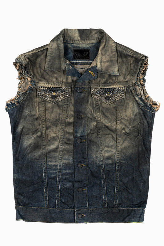 RAW EDGE VEST IN TAR WASH WITH BLK DIAMOND AND JET BLK CRYSTALS
