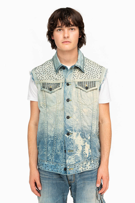 RAW EDGE VEST IN MEDIUM WASH WITH BLACK CRYSTALS