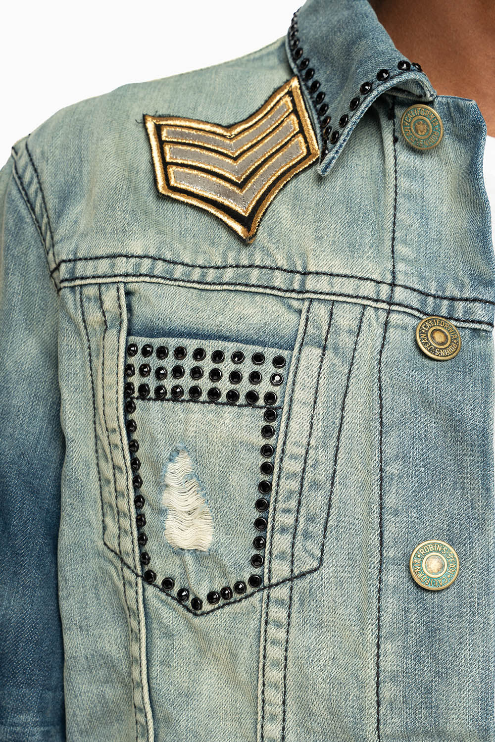 MENS DENIM JACKET IN BLUE ALBANY DARK  EMBELLISHED WITH JET BLK CRYSTALS AND PATCHES