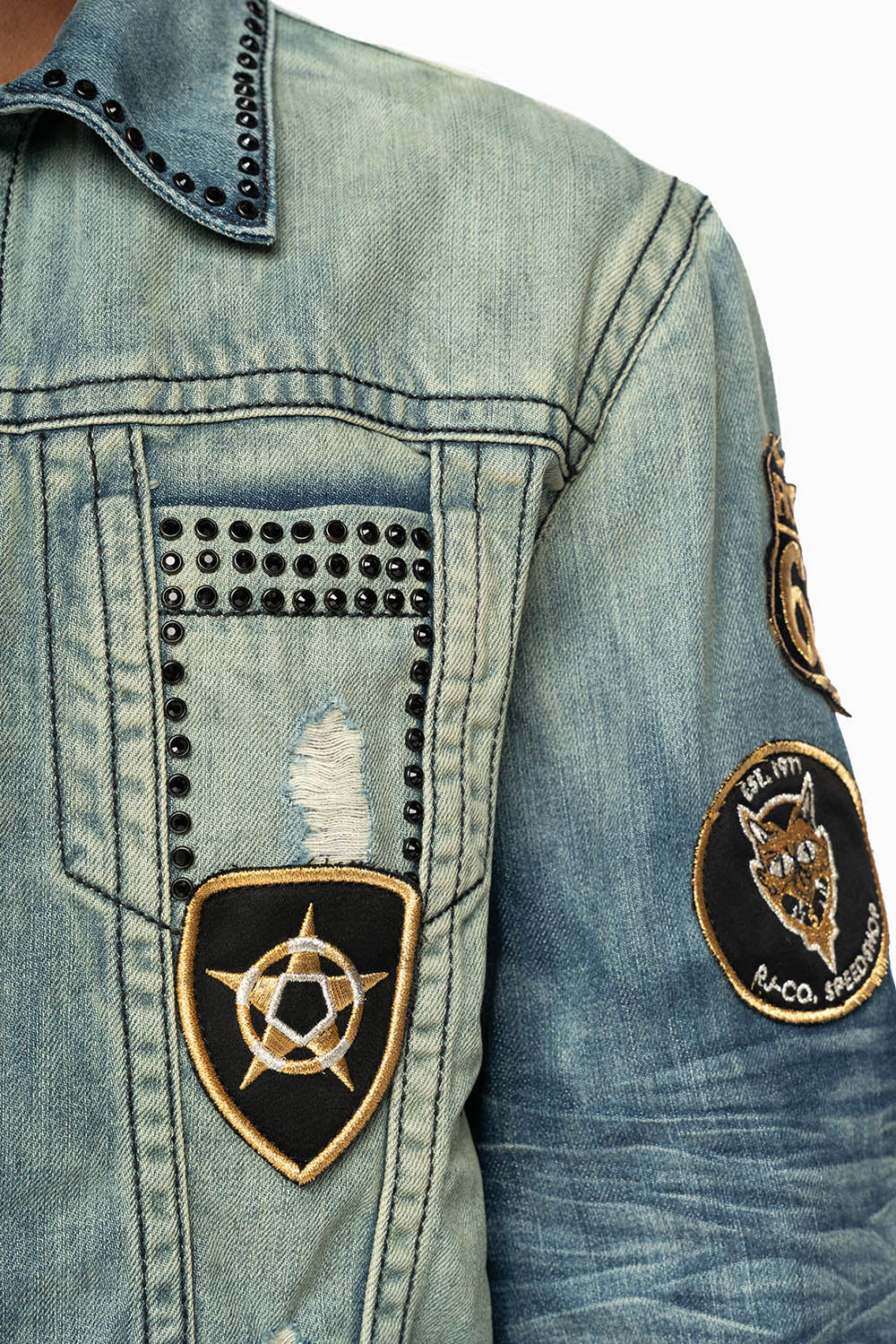 MENS DENIM JACKET IN BLUE ALBANY DARK  EMBELLISHED WITH JET BLK CRYSTALS AND PATCHES