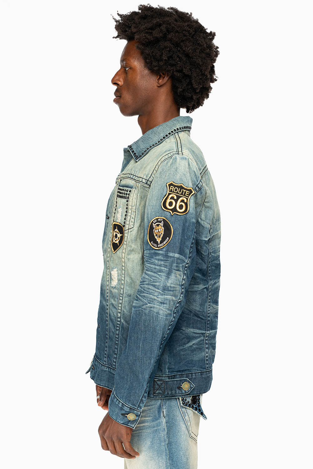 MENS DENIM JACKET IN BLUE ALBANY DARK  EMBELLISHED WITH JET BLK CRYSTALS AND PATCHES