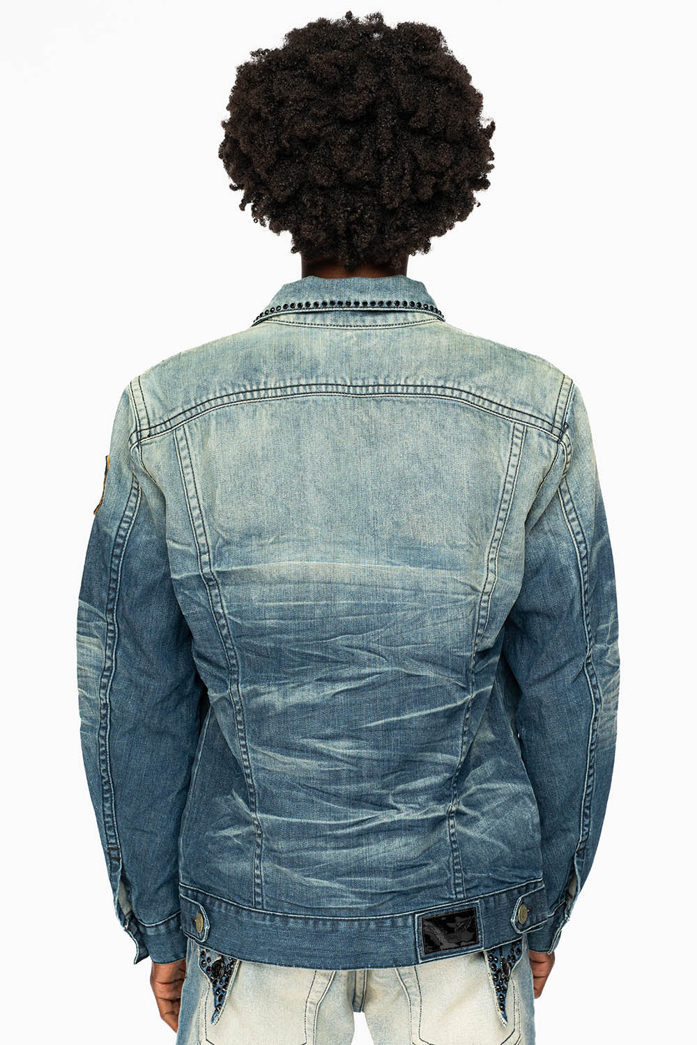 MENS DENIM JACKET IN BLUE ALBANY DARK  EMBELLISHED WITH JET BLK CRYSTALS AND PATCHES