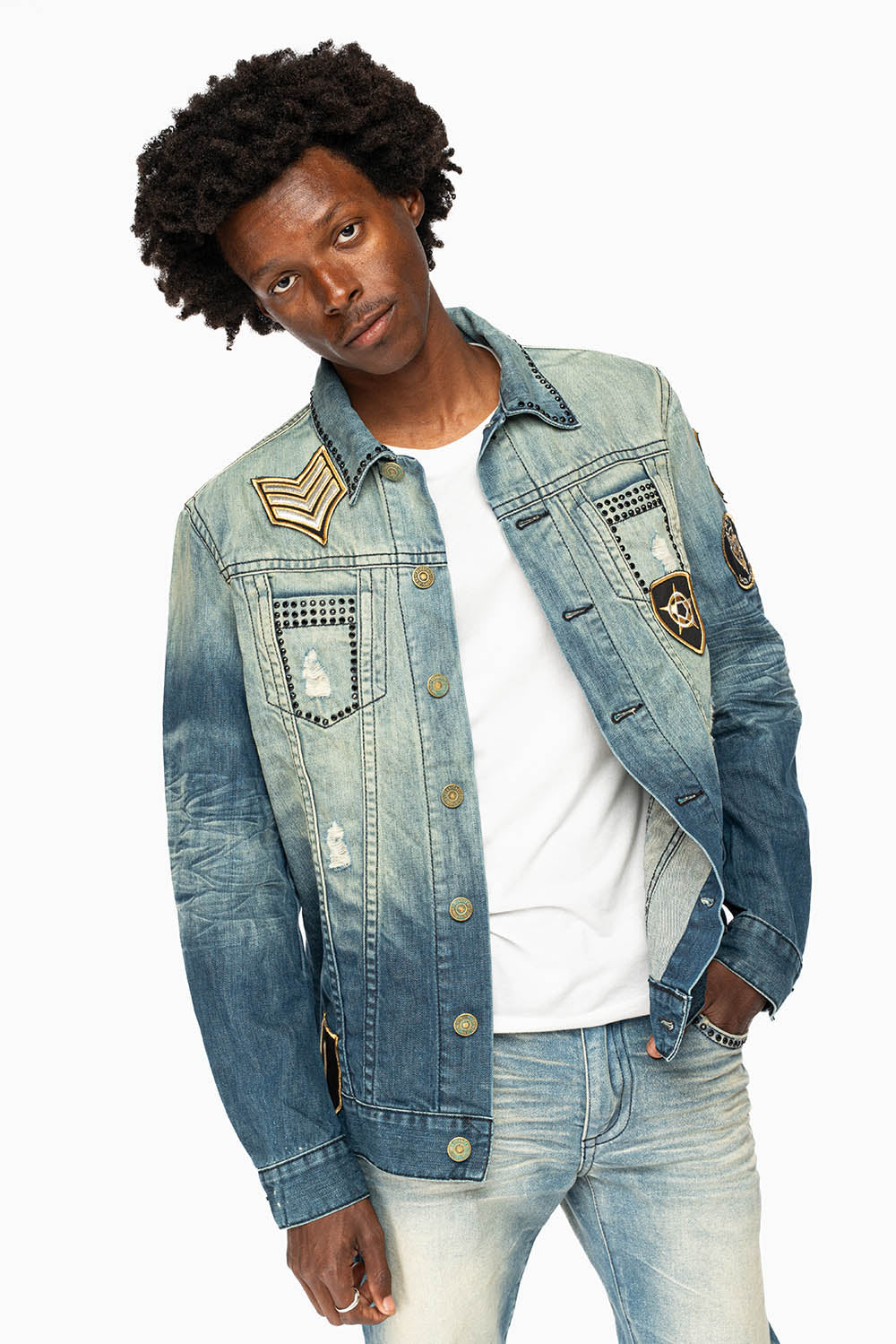 MENS DENIM JACKET IN BLUE ALBANY DARK  EMBELLISHED WITH JET BLK CRYSTALS AND PATCHES