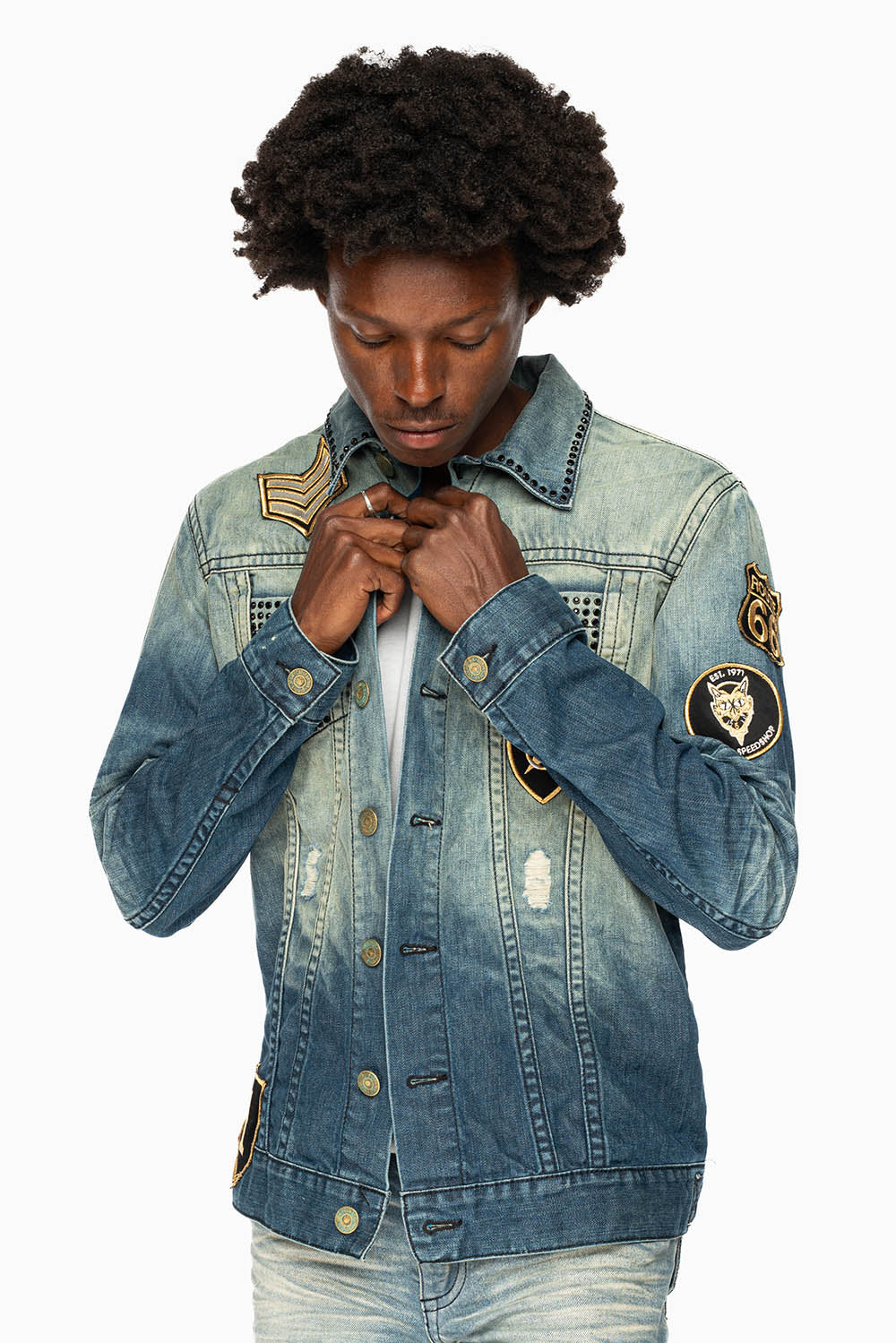MENS DENIM JACKET IN BLUE ALBANY DARK  EMBELLISHED WITH JET BLK CRYSTALS AND PATCHES