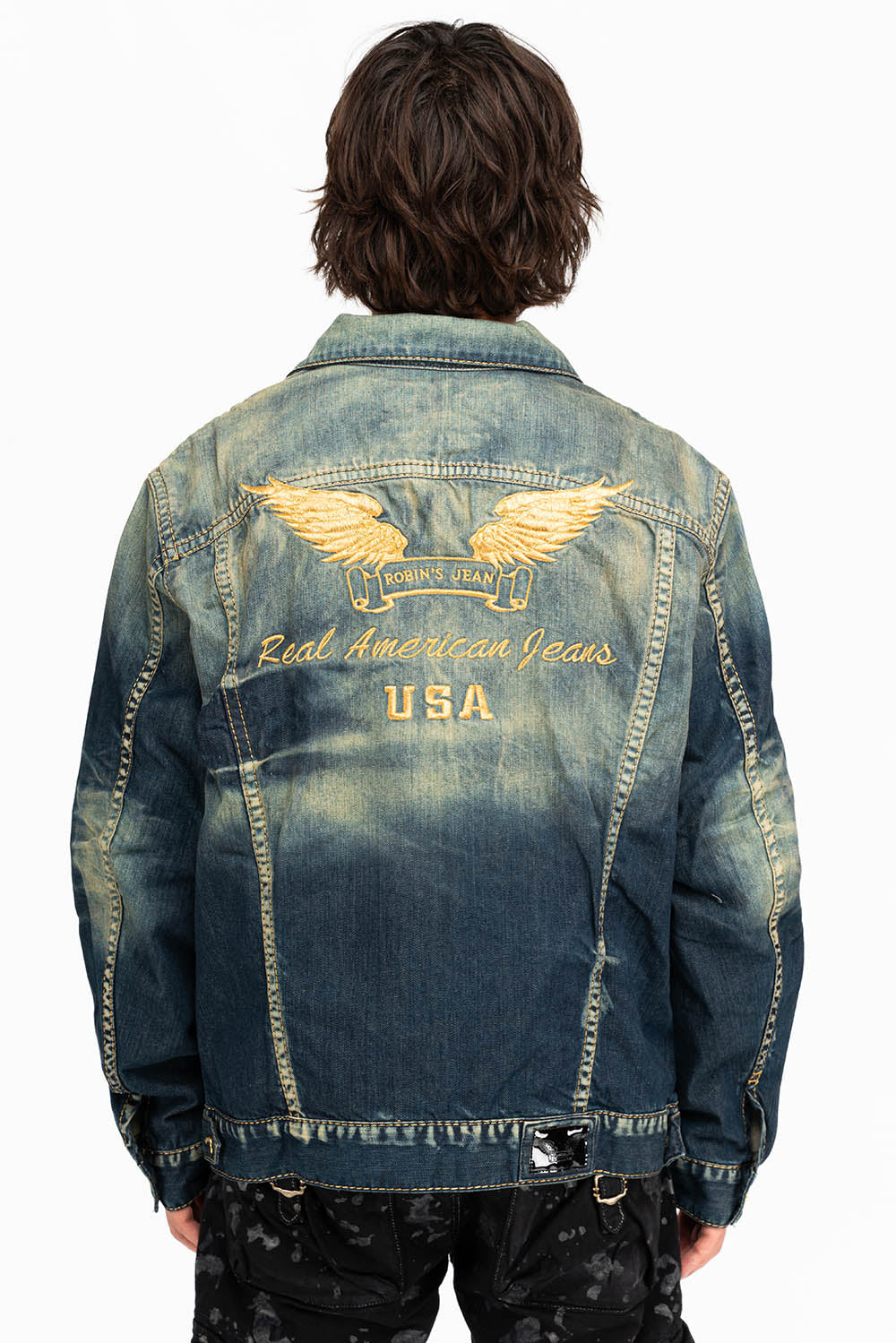 MENS DENIM JACKET IN ALBANY DARK WITH GOLD STITCHING AND WINGS