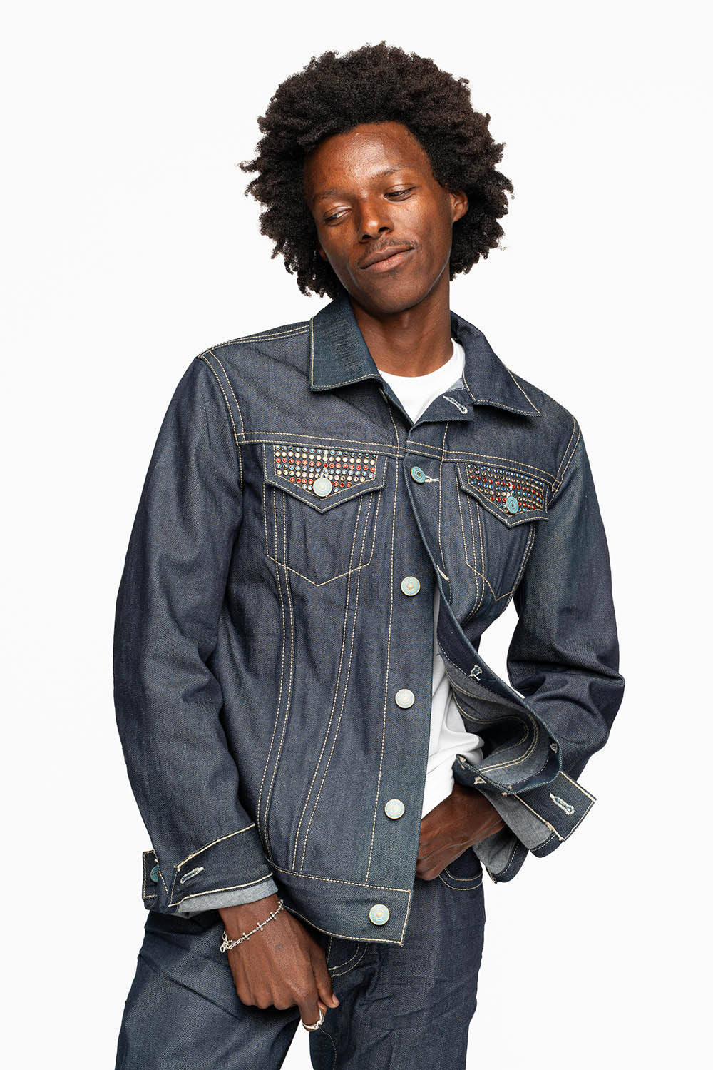MEN’S DENIM RAW JEAN JACKET  WITH MULTI COLOR CRYSTALS
