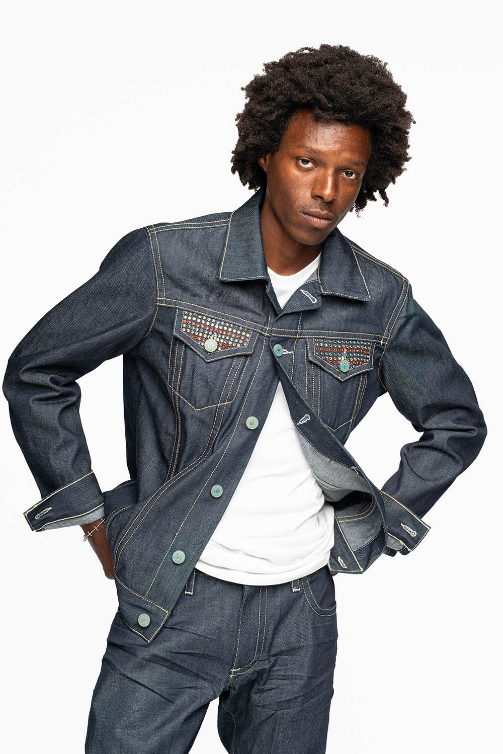 MEN’S DENIM RAW JEAN JACKET  WITH MULTI COLOR CRYSTALS