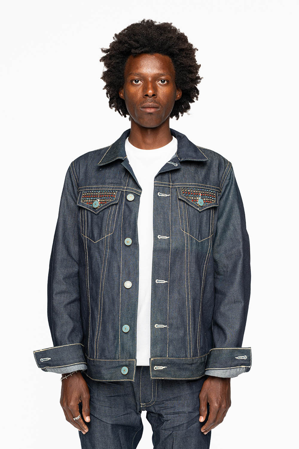 MEN’S DENIM RAW JEAN JACKET  WITH MULTI COLOR CRYSTALS