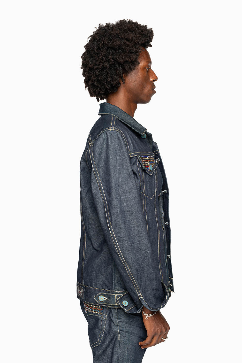 MEN’S DENIM RAW JEAN JACKET  WITH MULTI COLOR CRYSTALS
