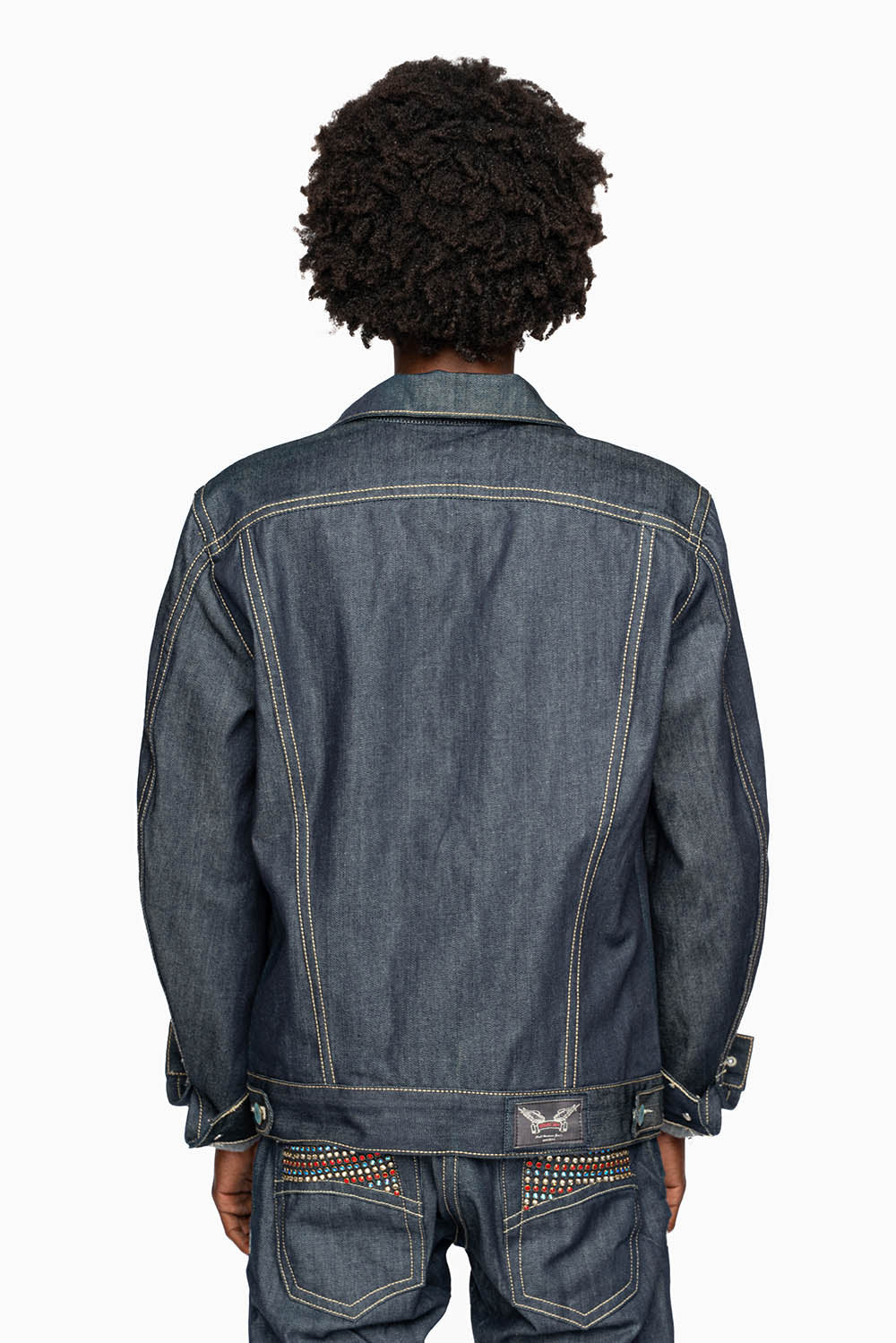 MEN’S DENIM RAW JEAN JACKET  WITH MULTI COLOR CRYSTALS
