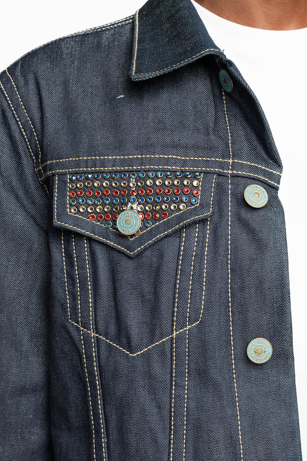 MEN’S DENIM RAW JEAN JACKET  WITH MULTI COLOR CRYSTALS
