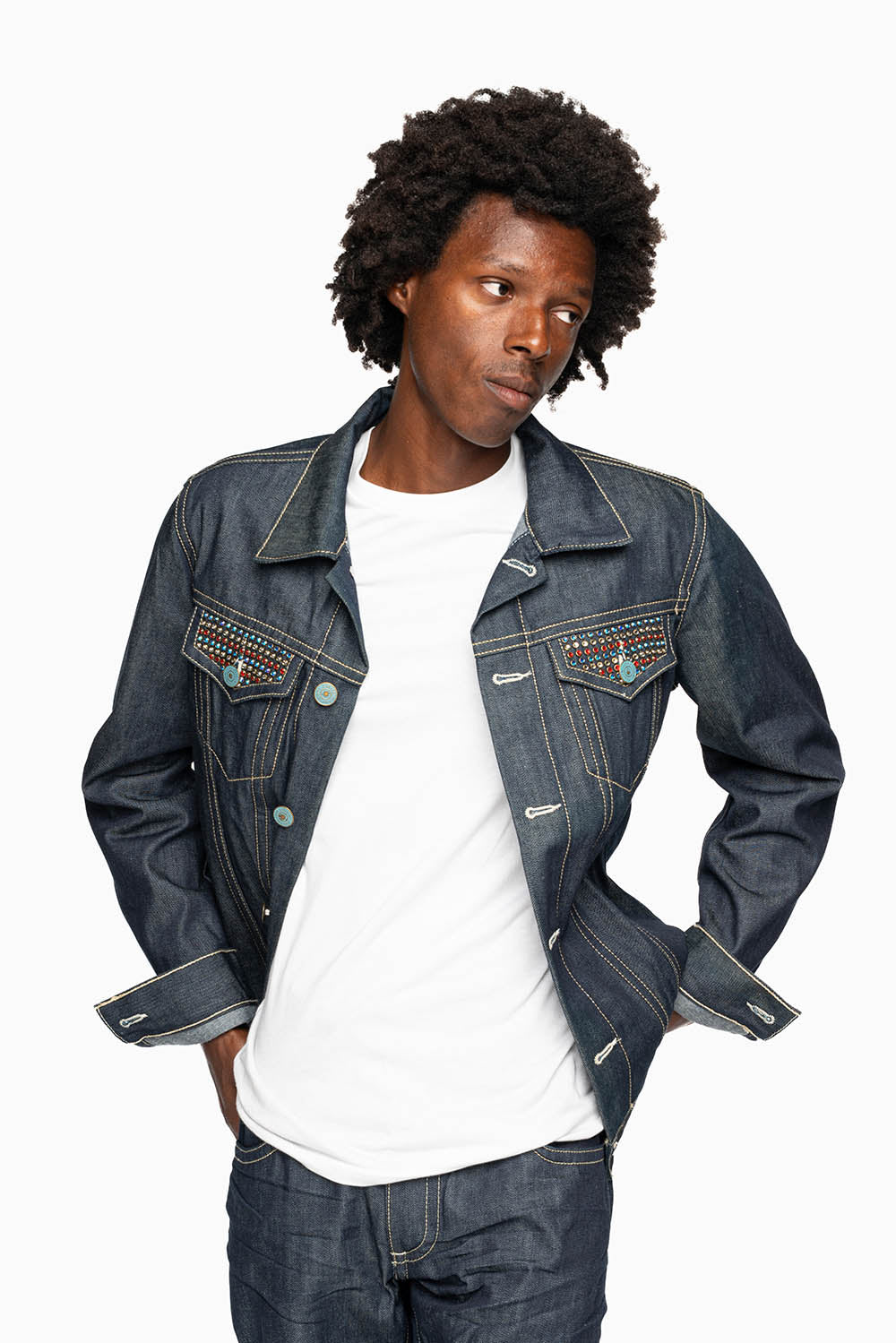 MEN’S DENIM RAW JEAN JACKET  WITH MULTI COLOR CRYSTALS