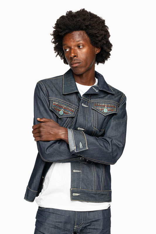 MEN’S DENIM RAW JEAN JACKET  WITH MULTI COLOR CRYSTALS