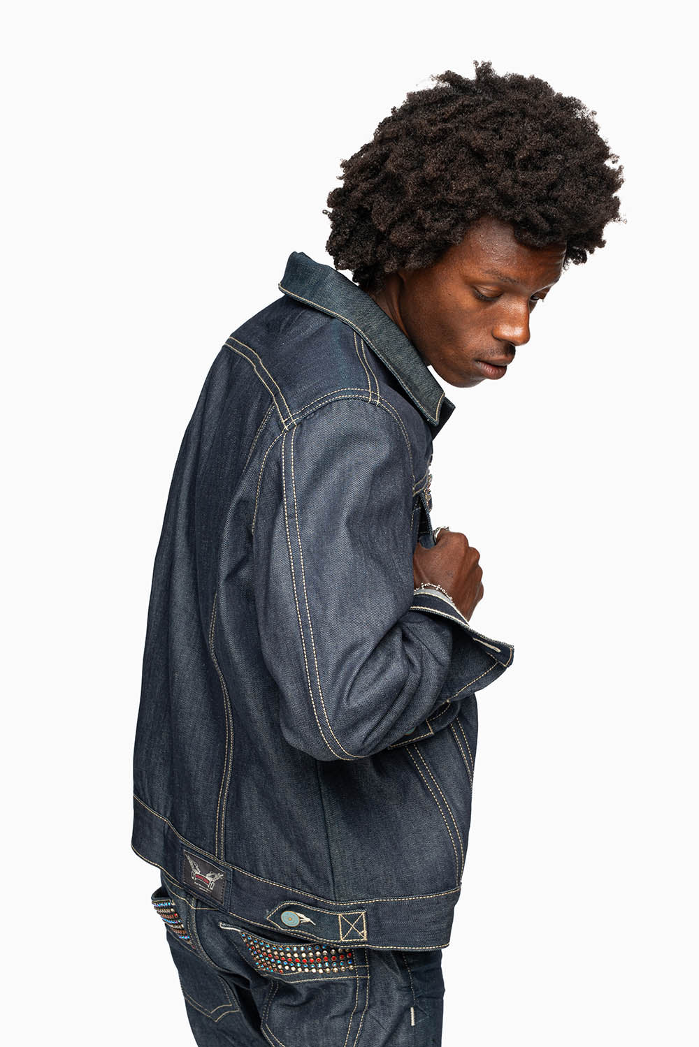 MEN’S DENIM RAW JEAN JACKET  WITH MULTI COLOR CRYSTALS